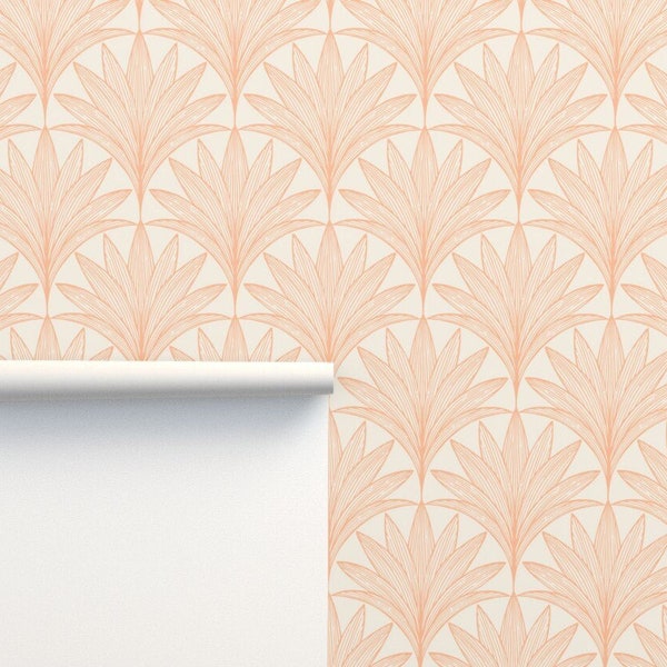 Salmon Pink Botanical Wallpaper. Salmon Pink and Cream Art Deco Wallpaper. Peach and Cream Peel and Stick Wallpaper. Palm Leaves Wallpaper