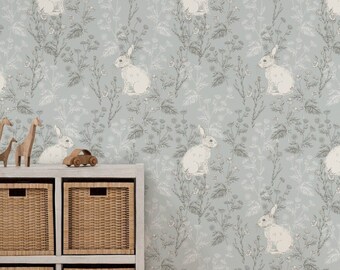 Papel tapiz para habitación de bebé, con diseño de conejos y flores silvestres, despegable y pegable o preencolado.