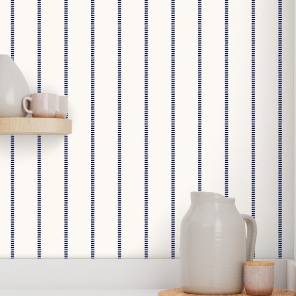 Navy Blue and White Embroidery Stitch Stripe Wallpaper for Kitchen, Bathroom, Bedroom. Peel and Stick or Pre-Pasted Removable Wallpaper