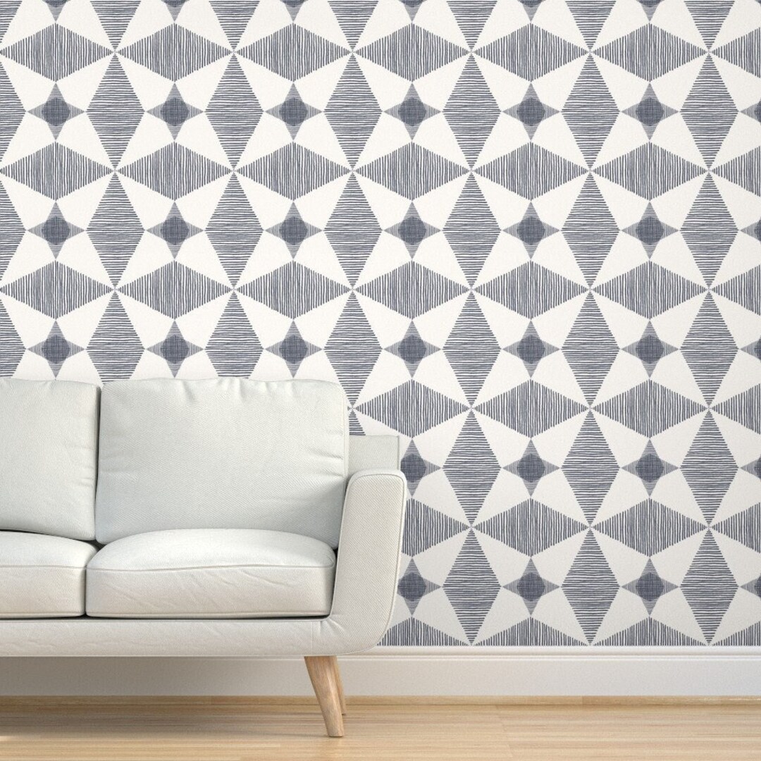 Blue Stars Mid Century Modern Wallpaper. Navy Blue and White Geometric