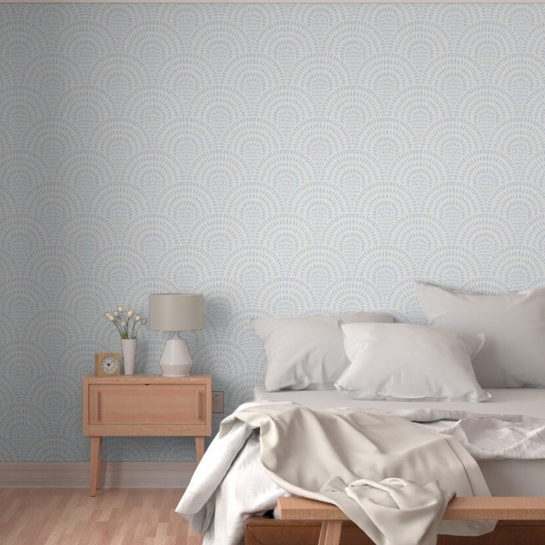 Coastal Boho Scallops Removable Wallpaper. Light Blue Bohemian Hand Drawn Scallops for Children's Bedroom, Kids Playroom, Living Room, Kitchen. Peel and Stick or Pre Pasted Smooth Removable Eco Friendly Wallpaper.