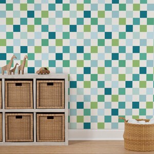Blue Green Checkers Wallpaper for Boys Room, Kids Bedroom. Checkerboard Peel and Stick Wallpaper. Blue Green Funky Wallpaper for Boys Room