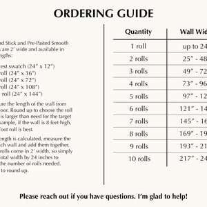 Puede incluir: Un gr&aacute;fico que muestra cu&aacute;ntos rollos de papel tapiz se necesitan para diferentes anchos de pared. El gr&aacute;fico incluye anchos de pared desde hasta 24 pulgadas hasta 240 pulgadas. El gr&aacute;fico tambi&eacute;n incluye la longitud de cada rollo de papel tapiz, que tiene 24 pulgadas de ancho.