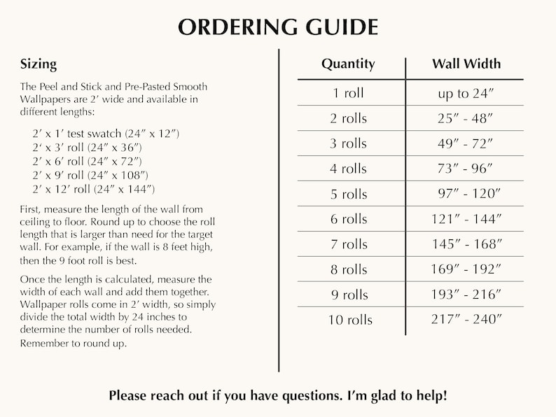 Puede incluir: Un gr&aacute;fico que muestra cu&aacute;ntos rollos de papel tapiz se necesitan para diferentes anchos de pared. El gr&aacute;fico incluye anchos de pared desde hasta 24 pulgadas hasta 240 pulgadas. El gr&aacute;fico tambi&eacute;n incluye la longitud de cada rollo de papel tapiz, que tiene 24 pulgadas de ancho.