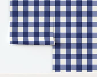 Papel pintado de cuadros vichy azul marino, extraíble, autoadhesivo o preencolado, cuadros búfalo azul marino, papel pintado azul para dormitorio infantil, acogedor dormitorio infantil estilo granja.