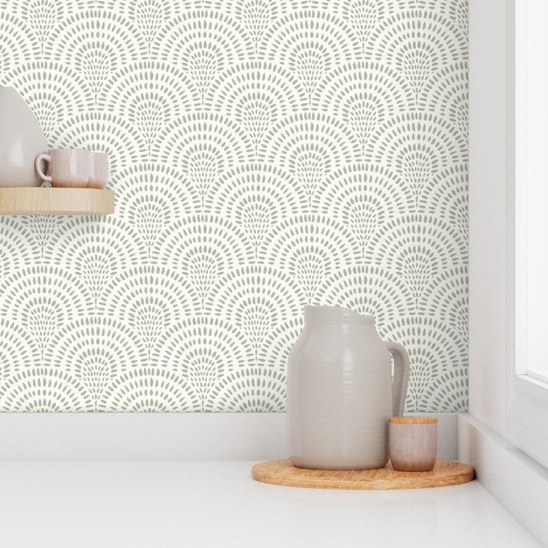 Coastal Boho Sage Green Scallops Wallpaper. Sage and White Scalloped