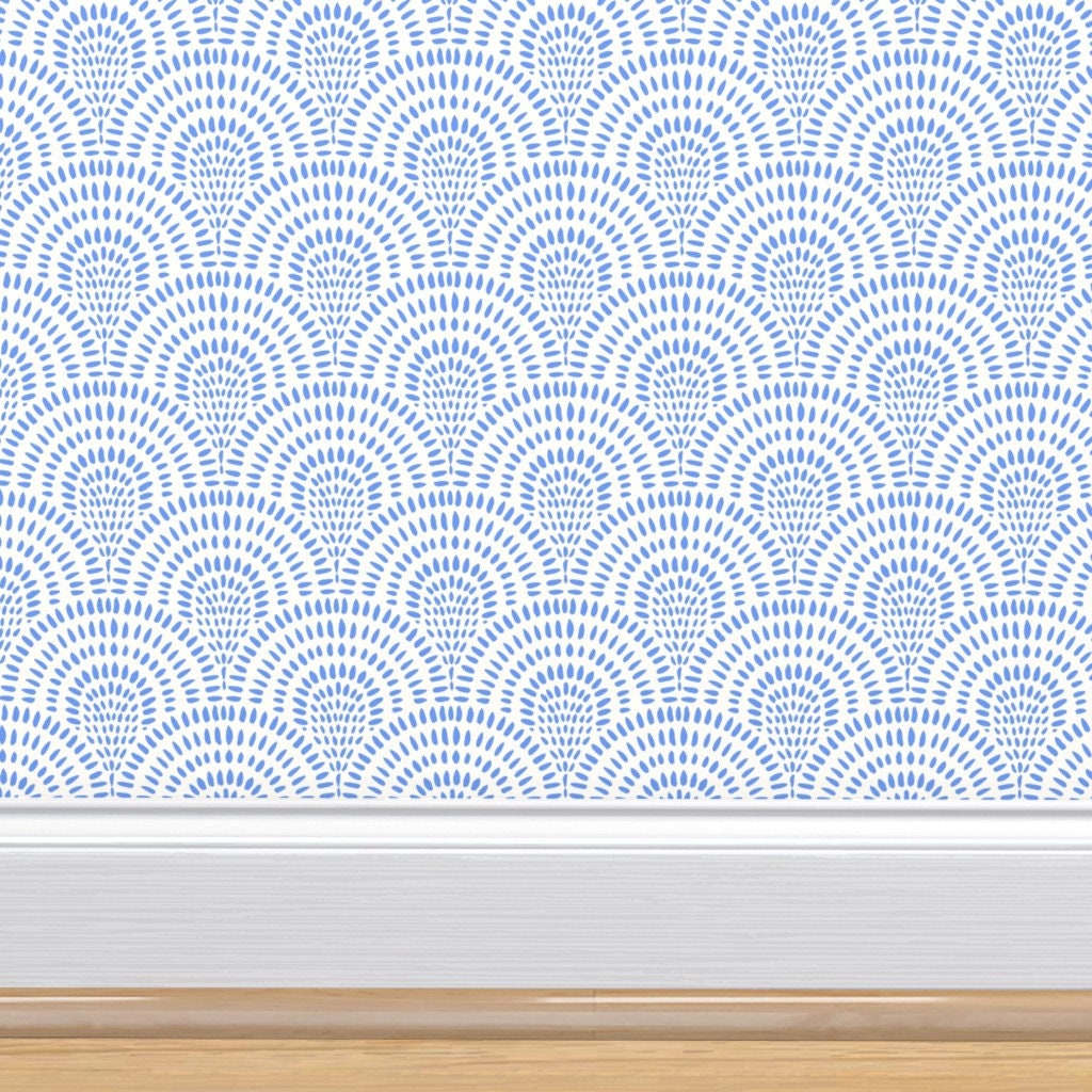Coastal Boho Blue Scallops Wallpaper. Modern Coastal Boho Blue and White Scallop Wallpaper. Peel