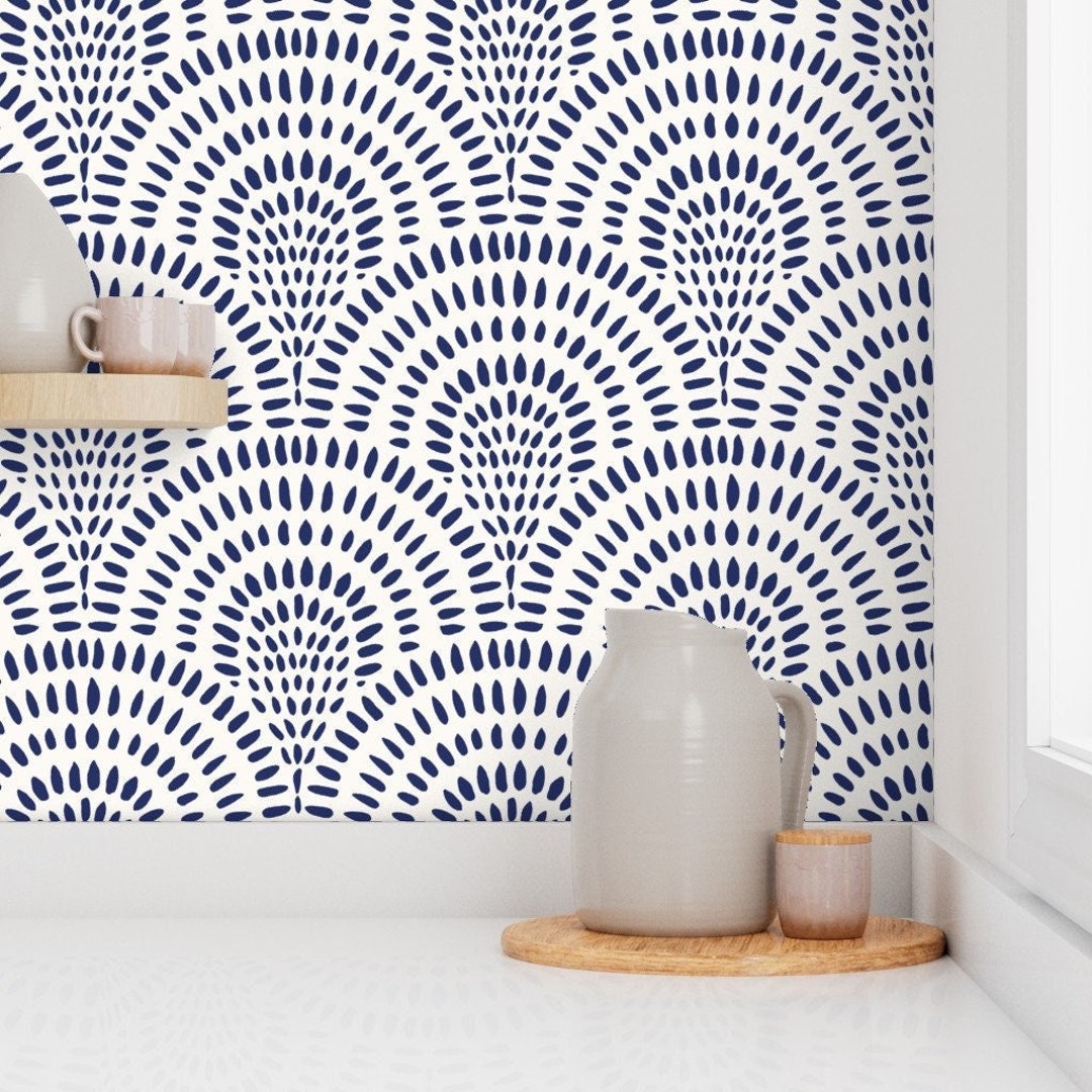 Coastal Boho Navy Blue Scallops Wallpaper. Navy Blue and White Boho