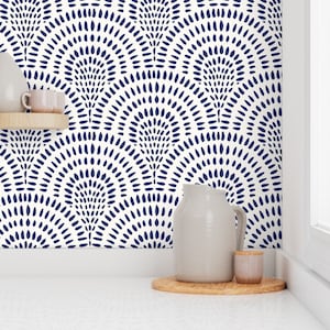 Coastal Boho Blue Scallops Wallpaper. Navy and White Peel and Stick Wallpaper. Coastal Chic Peel and Stick Wallpaper. Scalloped Wallpaper