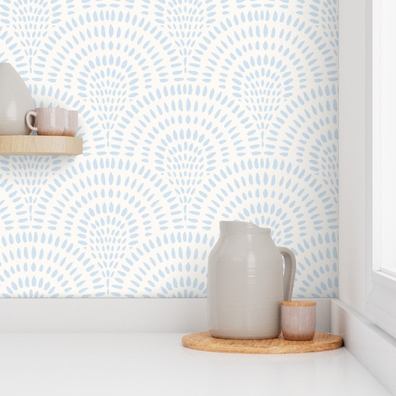 Coastal Chic Wallpaper. Blue Scallops Wallpaper. Light Blue Scalloped Wallpaper for Kids Room, Bedroom, Bathroom and Kitchen. Peel and Stick or Pre Pasted Wallpaper.
