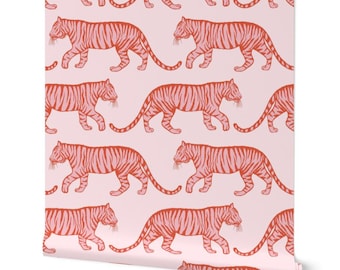 Wild Tigers Wallpaper. Flame Red on Pink. Modern Dopamine Wall Decor for Bedroom, Peel and Stick