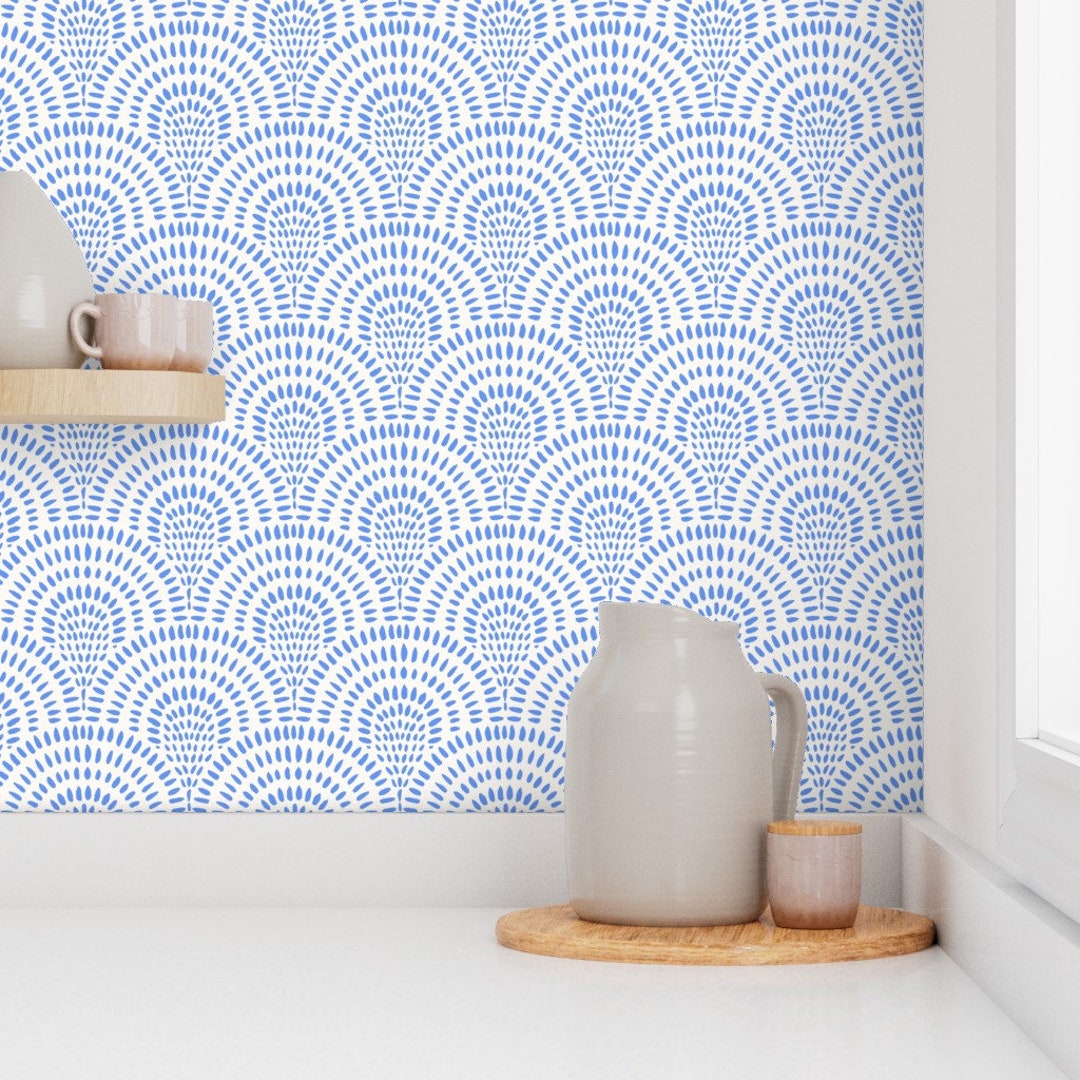 Coastal Boho Blue Scallops Wallpaper. Modern Coastal Boho Blue and White Scallop Wallpaper. Peel