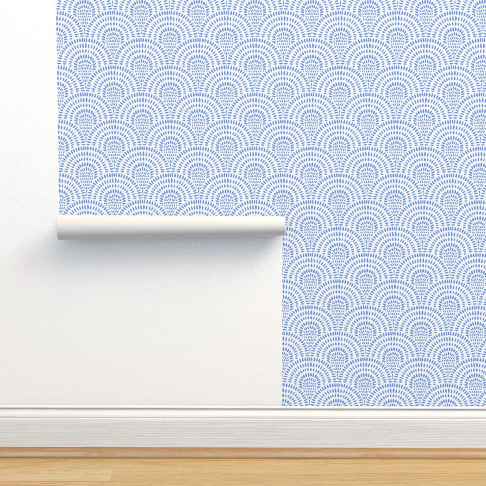 Coastal Boho Blue Scallops Wallpaper. Modern Coastal Boho Blue and