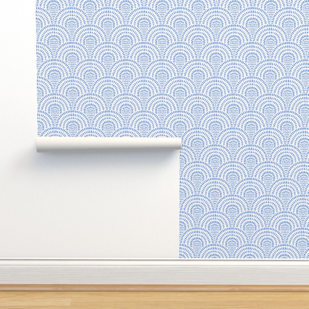 Coastal Boho Blue Scallops Wallpaper. Modern Coastal Boho Blue and White Scallop Wallpaper. Peel