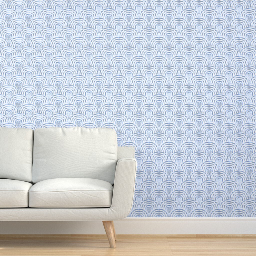 Coastal Boho Blue Scallops Wallpaper. Modern Coastal Boho Blue and White Scallop Wallpaper. Peel