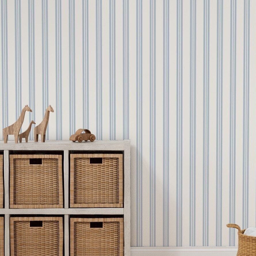 Blue Ticking Stripe Wallpaper: Removable Peel and Stick, Boys Nursery