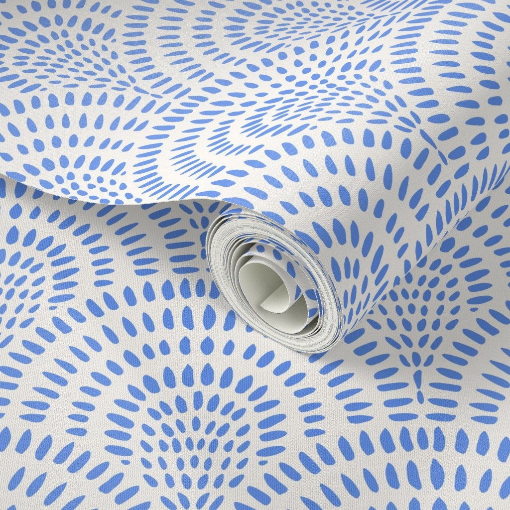 Coastal Boho Blue Scallops Wallpaper. Modern Coastal Boho Blue and