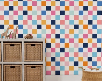 Blue, Pink and Orange Rainbow Checkers Wallpaper for Kids Bedroom. Rainbow Retro Checkers Peel and Stick or Pre-Pasted Smooth Wallpaper