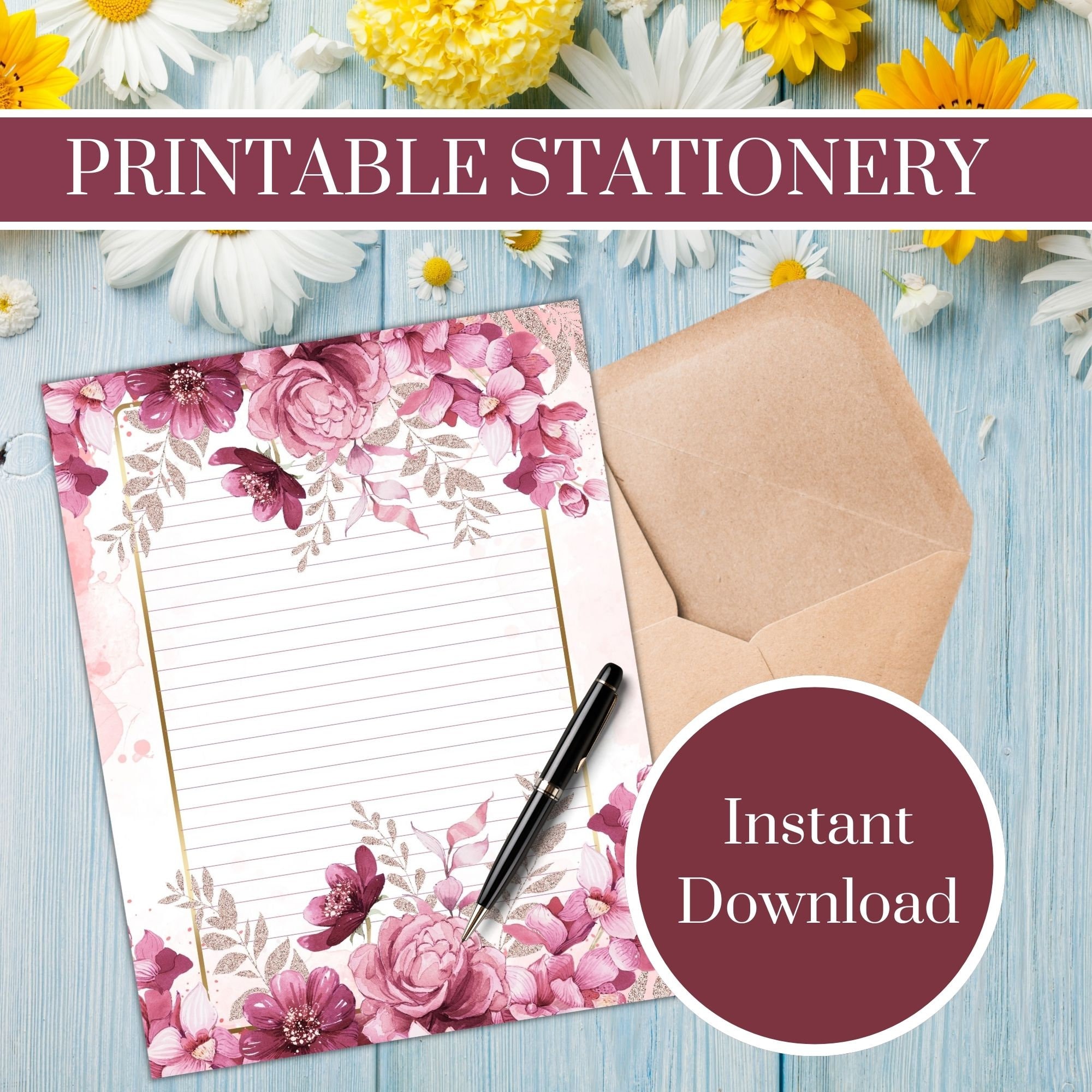 Printable Flower Letter Paper Floral Stationery Pages Penpal Etsy