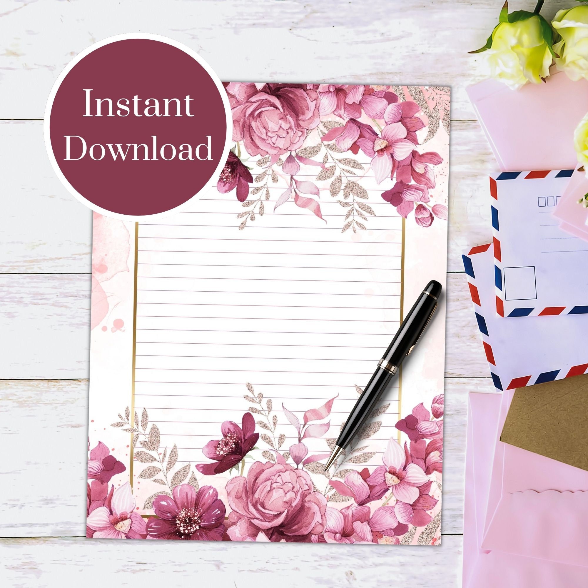 Printable Flower Letter Paper Floral Stationery Pages Penpal Etsy