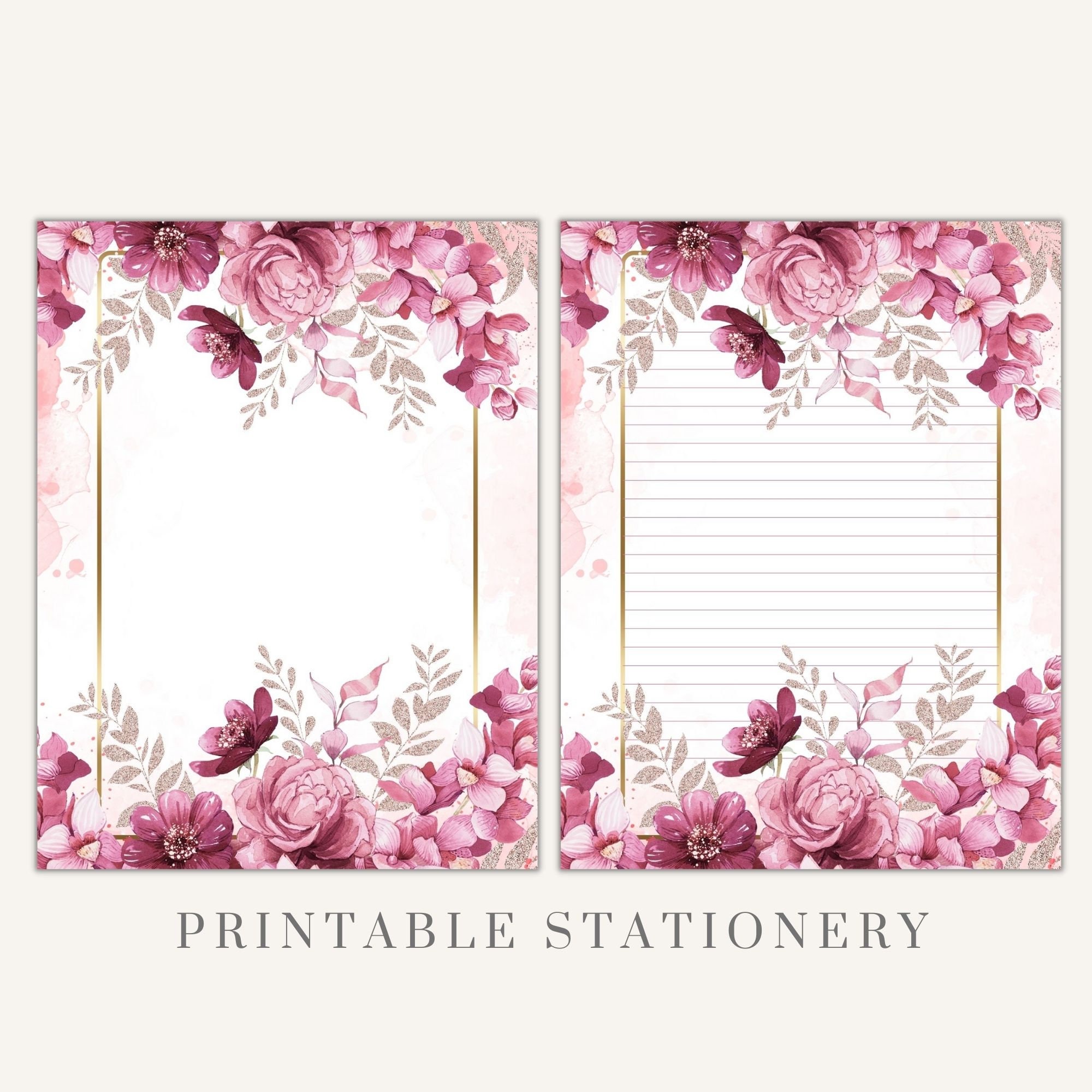 Printable Flower Letter Paper Floral Stationery Pages Penpal Etsy