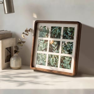 Solid Beech Walnut Multi Photo Collage Frame | 9 Opening 8x8 Square Grid Picture Frame | Premium Hardwood Gallery Wall | Elegant 3D Matboard
