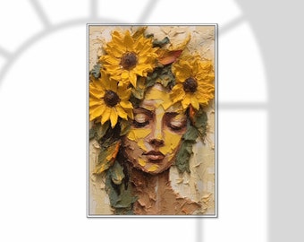 May include: A painting of a woman with sunflowers in her hair. The woman's face is painted in a yellow color, and the sunflowers are a bright yellow with green leaves. The background is a light yellow.