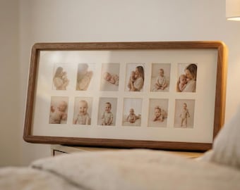 Premium Hardwood Mini Grid Collage Photo Frame | 12 Opening Multi Picture Display | Solid Beech Walnut Timber | Elegant 3D Matboard Decor