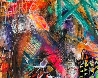 May include: Abstract painting with a mix of bright colors, including red, orange, yellow, green, blue, and purple. The painting has a layered and textured look, with different shapes and patterns overlapping each other. The painting is set against a brown background.