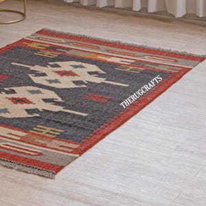 Handwoven Kilim Rug ,Wool & Jute Dhurrie ,Traditional Indian Area Rug ,Durable Natural Fiber Jute Kilim Carpet ,Handmade Home Decor