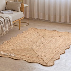 Scallop Jute Rug - Natural Jute Rug | Wavy Edge Rug | Jute Rug Rectangular | Bohemian Jute Rug | Jute Scalloped Rug | Area Rug