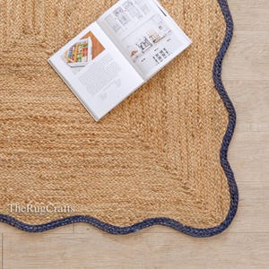 Natural Jute Scalloped Rug With Blue Edges, Scallop Pattern Rug, Handmade Jute Area Rug, Rectangle Jute Rug, Custom Size Rug, Home Décor Rug