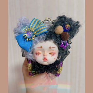 Handmade Clay Doll Head Brooch,Art Doll Ooak Doll Souvenir, Doll for Interior,Fantasy Art Doll,Gift for Women, Anniversary Gift for Him