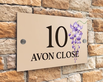 Custom Signs Modern Desert Beige House Door Number plaque 20cm x 13cm Purple Flower