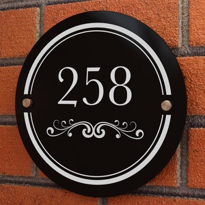 Large Round Black, Frosted or White Contempory Acrylic House Number address Sign Plaque (23cm x 23cm) Large round 2 hole flowers bottom