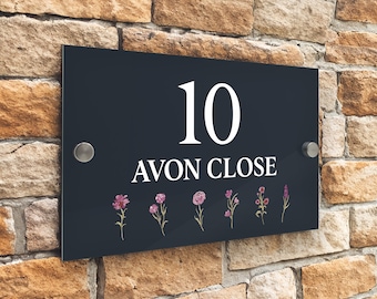 Custom Signs Floral Modern Floral Anthracite House Number Sign Plaque Stainless Steel Standoffs 20cm x 13cm Pink Flowers Bottom
