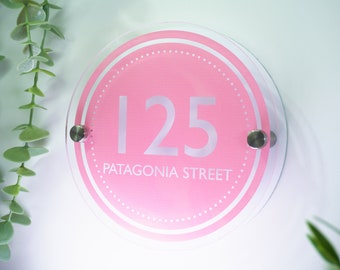 Pink White Modern Printed Glass Effect Acrylic House Sign Number Plaque Name Round Circle