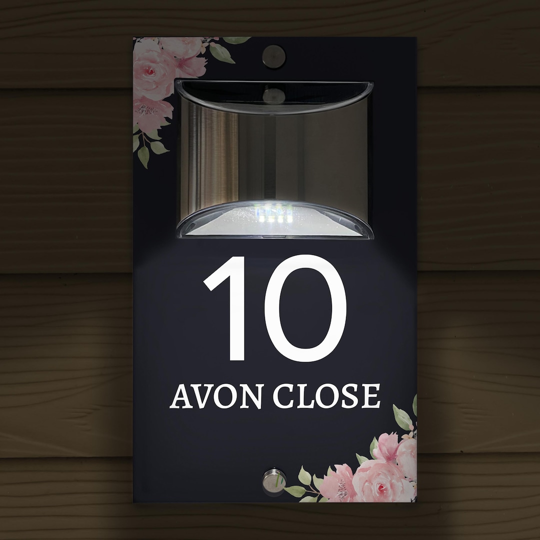 Custom Signs Solar Illuminated Modern Anthracite Grey House Number Sign 24cm X 14.5cm Pink Flowers In Corners Design - View #4