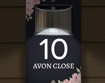 Custom Signs Solar Illuminated Modern Anthracite House Number Sign 24cm x 14.5cm Pink Flowers in Corners Design
