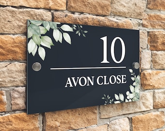 Custom Signs Modern Anthracite Grey House Door Number plaque 20cm x 13cm Green Leaf design