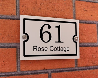 Black, Frosted or White Contempory Acrylic House Number address Sign Plaque (20cm x 13cm) standard 2 holes Border