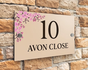 Custom Signs Modern Desert Beige House Door Number plaque 20cm x 13cm Pink Flower Blossom