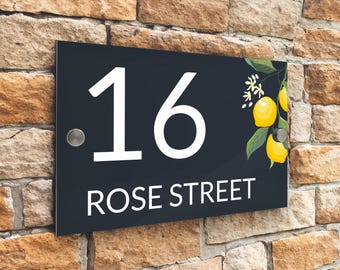 Letreros personalizados modernos con número de casa en antracita y diseño de limón - Separadores de acero inoxidable - 20 cm x 13 cm