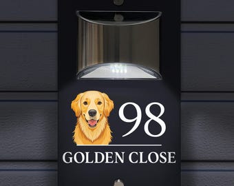Custom Signs Solar Illuminated Modern Anthracite House Number Sign 24cm x 14.5cm Golden Retriever Dog Design