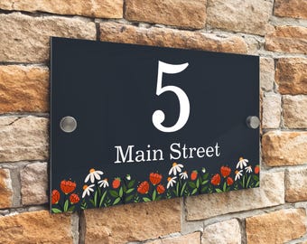 Custom Signs Modern Anthracite House Number Sign Flowers Meadow - Stainless Steel Standoffs - 20cm x 13cm