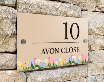 Custom Signs Modern Desert Beige House Door Number plaque 20cm x 13cm Horizontal Line Floral