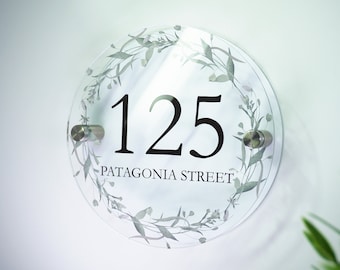 Black Flower Border Glass Effect Acrylic House Sign | Custom Number Plaque Name | Round Circle Design