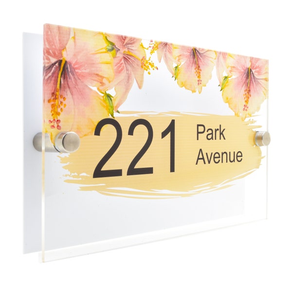 Simple Summer Watercolor Text Centre Flowers Modern Printed Glass Effect Acrylic House Sign Number Plaque Name Brushed Aluminium