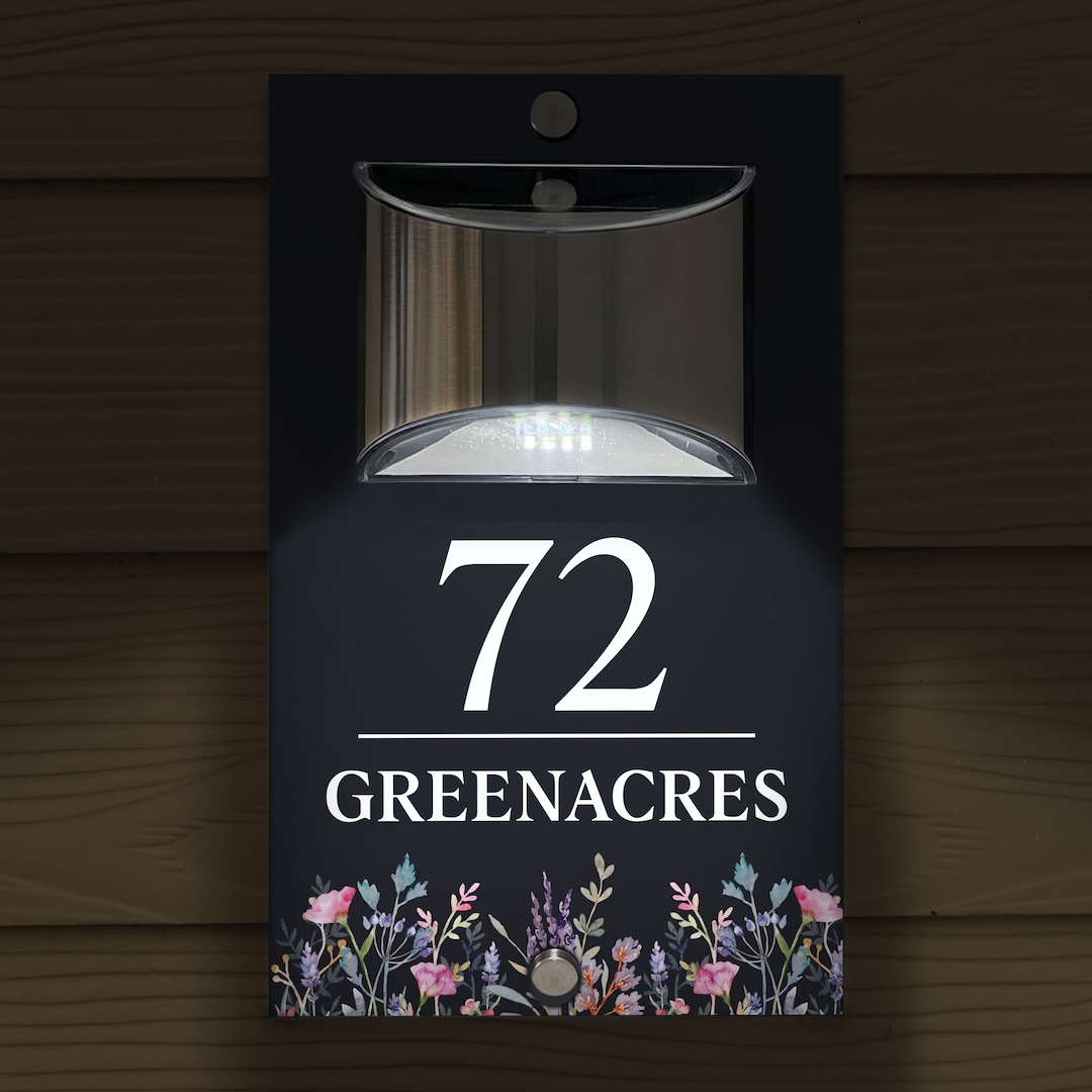 Custom Signs Solar Illuminated Modern Anthracite Grey House Number Sign 24cm X 14.5cm Pink Flowers In Corners Design - View #10