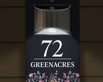 Custom Signs Solar Illuminated Modern Anthracite House Number Sign 24cm x 14.5cm Meadow Field Design